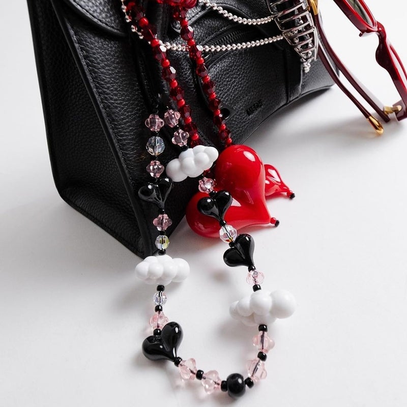 WCCH Beaded Phone Charm Y2K Kawaii Handmade Acrylic Phone Lanyard Wrist Strap for Camera Bag Airpods Keychain Charm Black Heart and White Cloud - Image 3